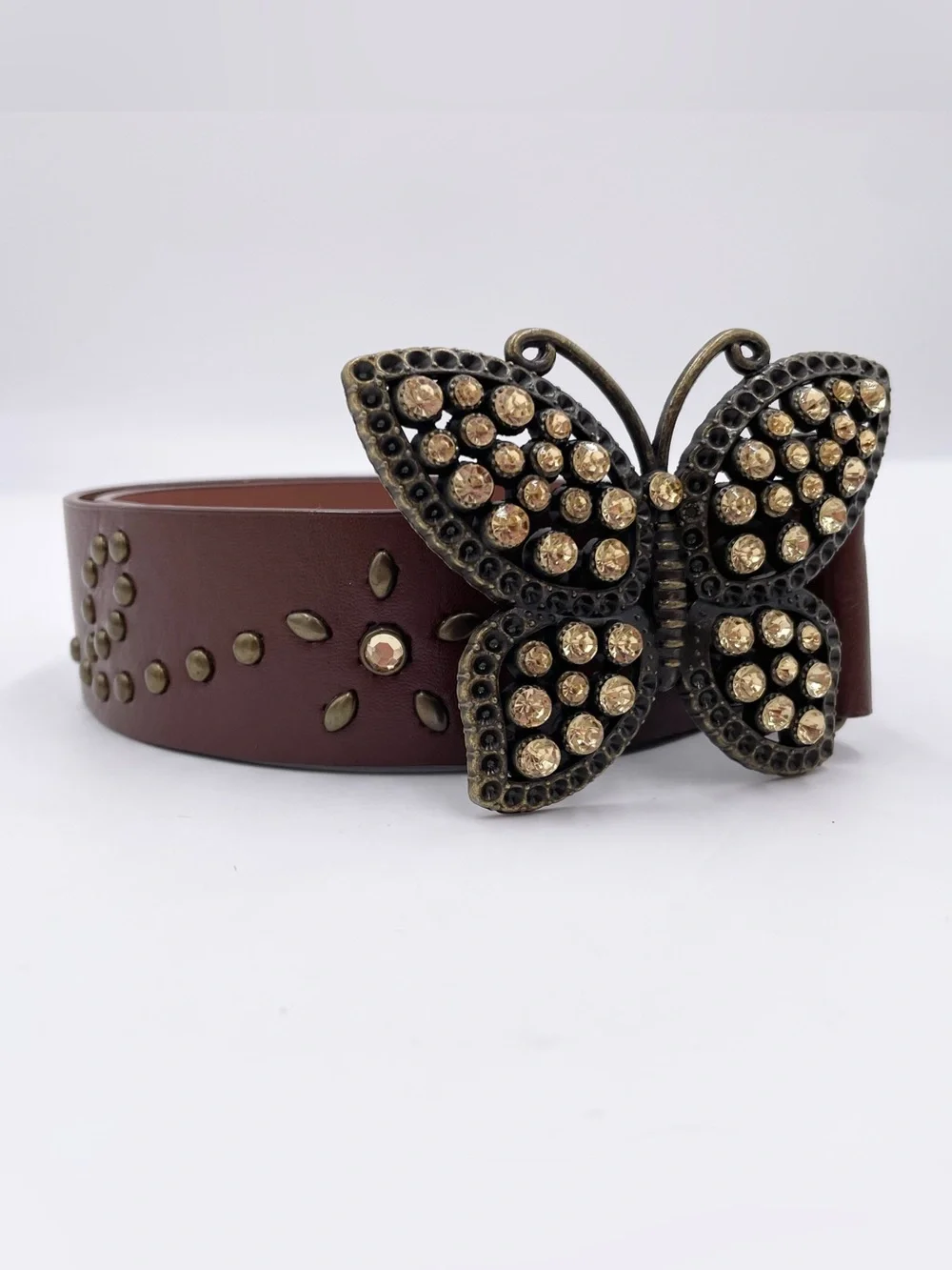 Vintage 90s Y2K Rhinestone Butterfly Buckle Belt Fairycore Boho Studded Jewels
